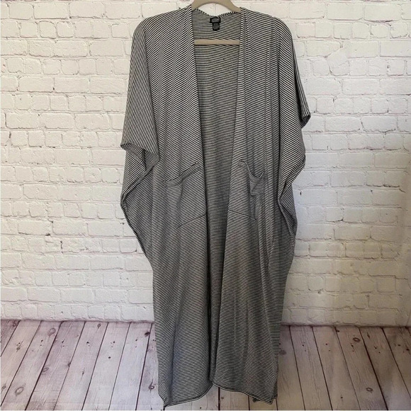 Anthropologie Roffe Boho Black & White Micro Striped Long Sweeper Cardigan - Picture 2 of 8